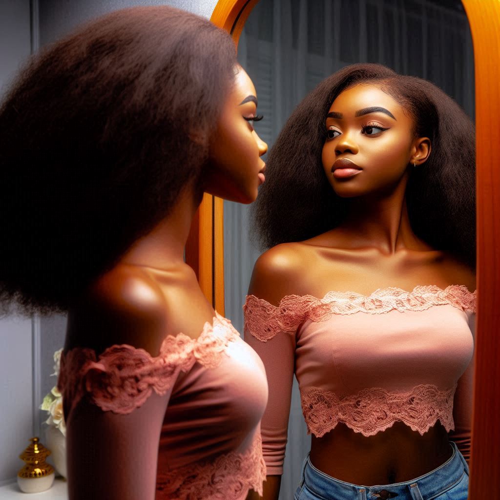 a mirror showing a young 25 year old nigerian lady and her 16 year younger self standing in a reflec (1)