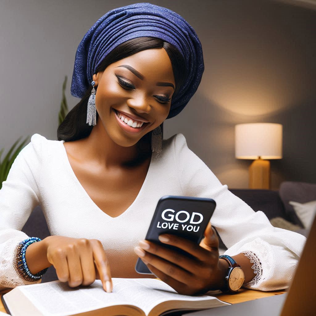 a nigerian lady scrolling through her phone with a message, God loves you. she is smiling and there
