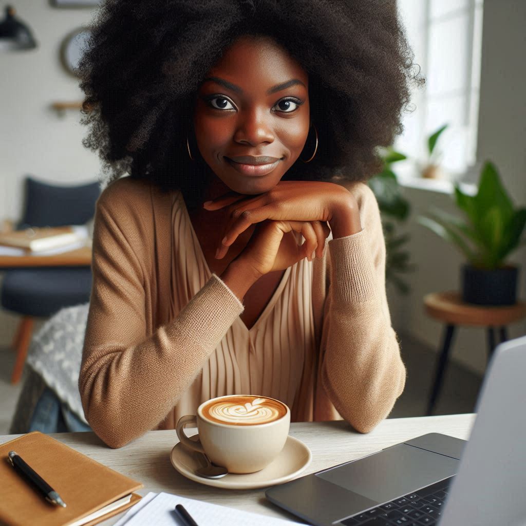 a nigerian lady with a cup coffee and a notepad and a laptop on the desk (1)