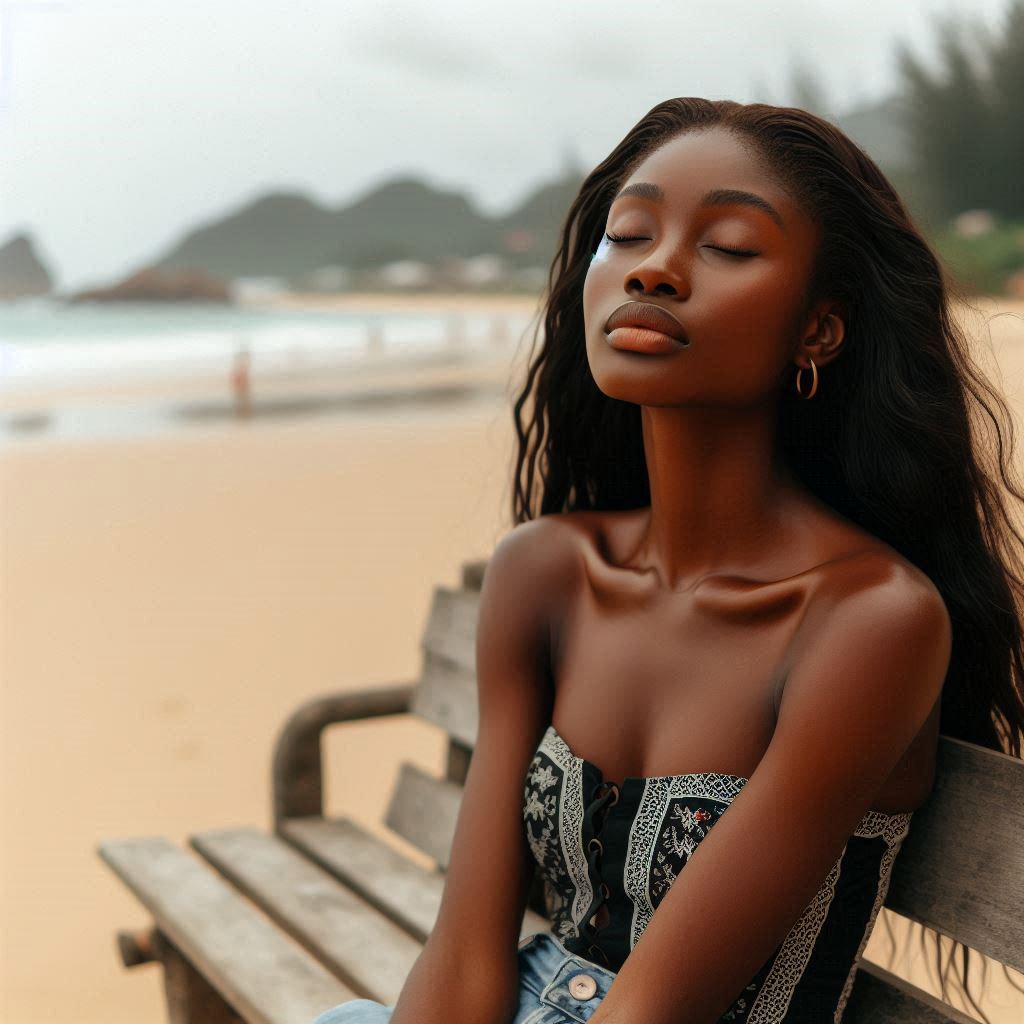 A nigerian girl sitting at a beach bench with eyes closed, soaking in the silence.______