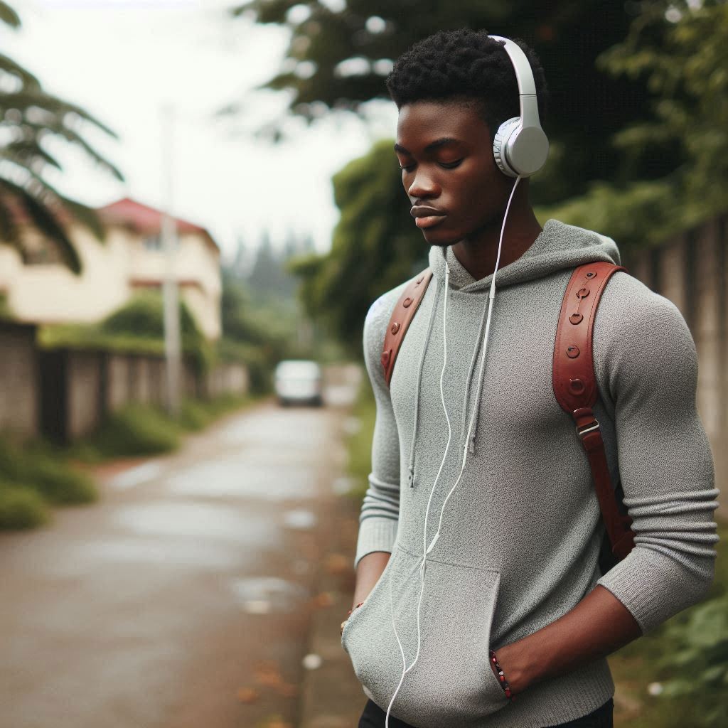 Young nigerian adult walking alone with headphones through a quiet street or nature trail.______